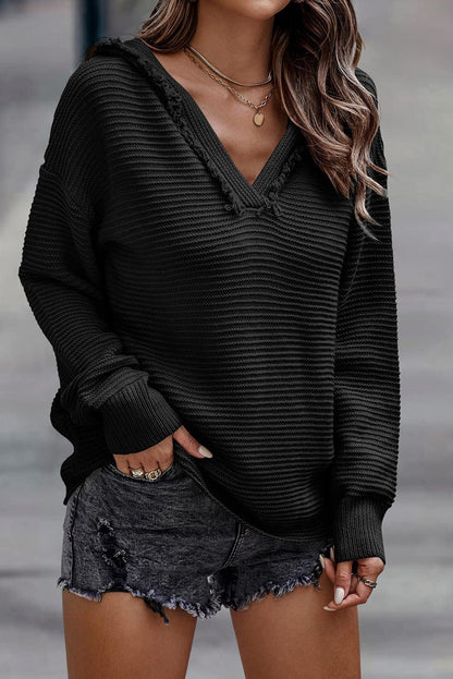 V Neck Ribbed Drop Shoulder Hooded Sweater - L & M Kee, LLC