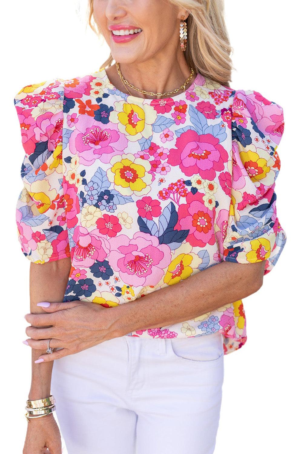 Ruched Puff Sleeve Floral Blouse - L & M Kee, LLC