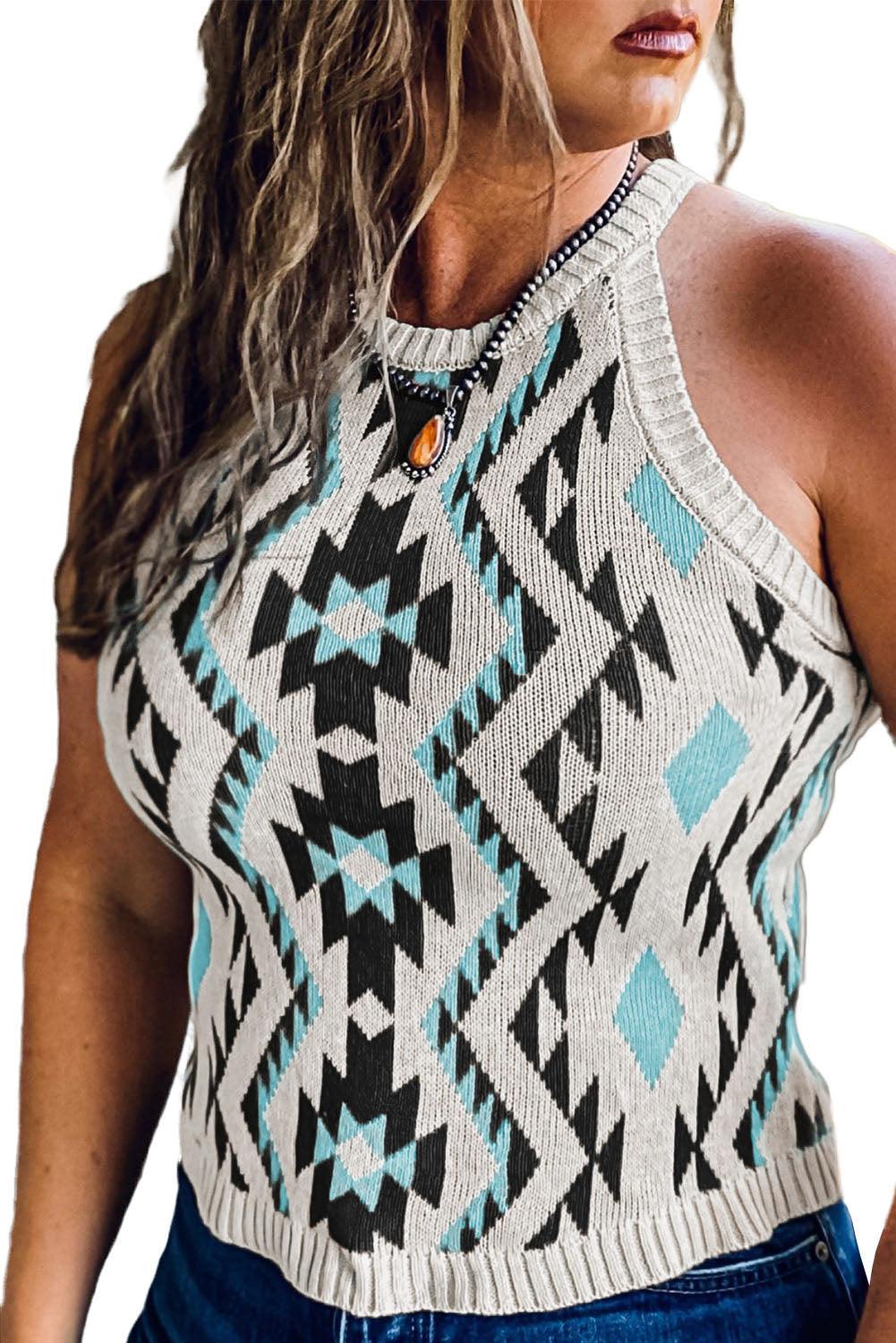 Aztec Geometric Print Knitted Tank Top - L & M Kee, LLC