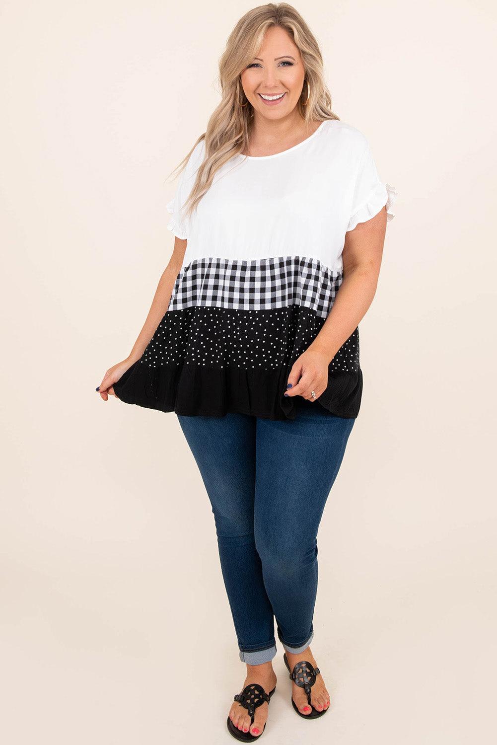 Plaid Dot Ruffled Plus Size Babydoll Top - L & M Kee, LLC