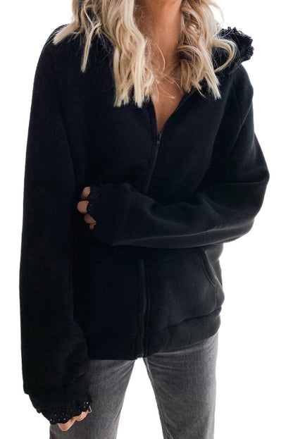 Zip-up Lace Trim Hooded Coat - L & M Kee, LLC