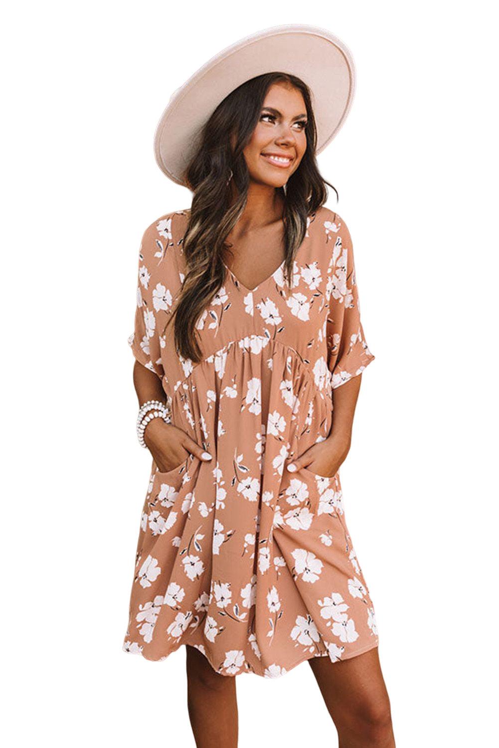 Khaki V Neck Floral Babydoll Dress with Pockets - L & M Kee, LLC