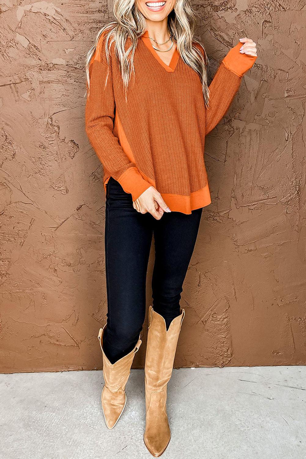 Waffle Knit Patchwork V Neck Long Sleeve Top - L & M Kee, LLC