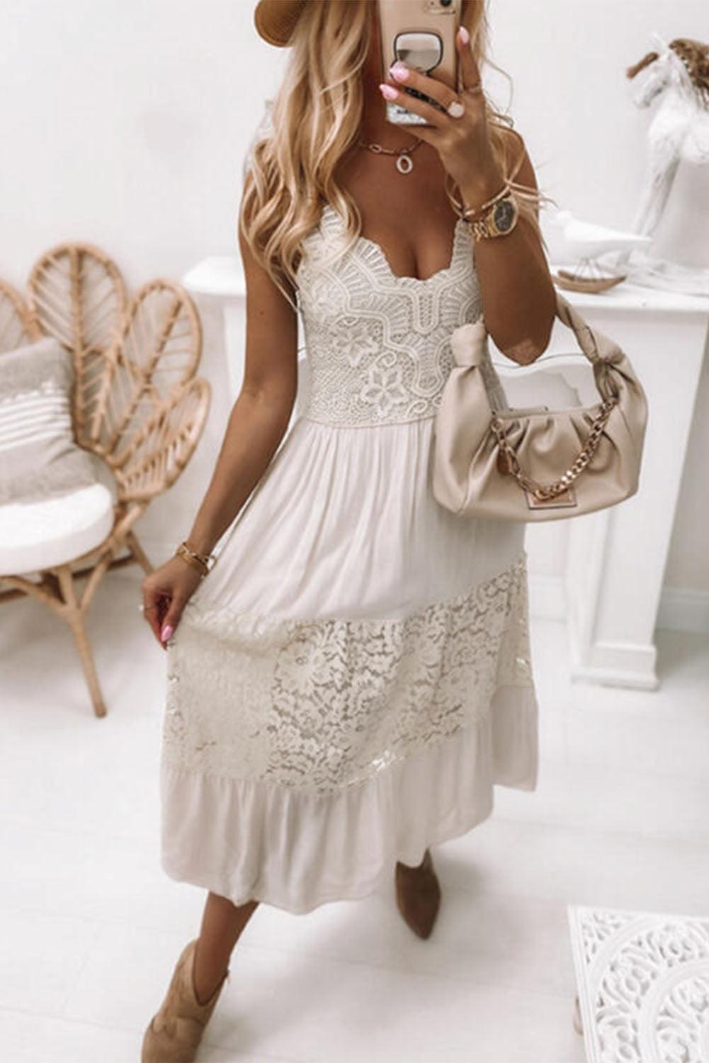 Lace Crochet Patchwork Sleeveless Long Dress - L & M Kee, LLC