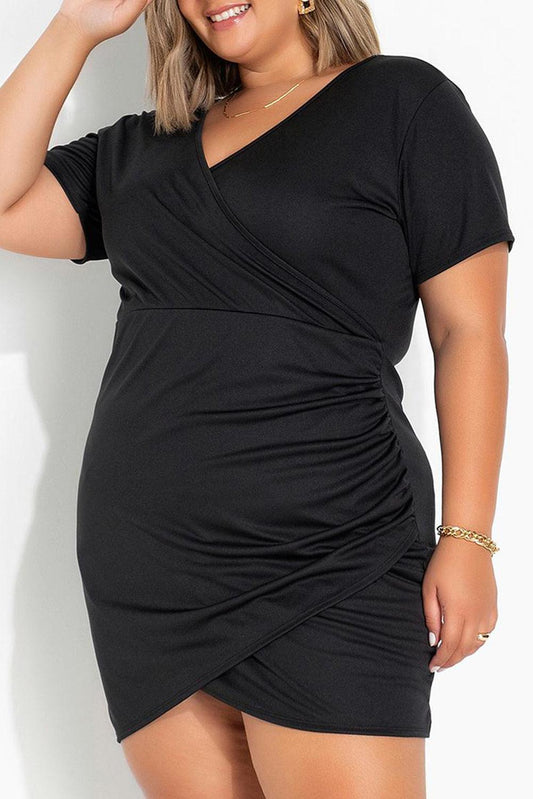 Wrap Ruched Short Sleeves Plus Size Mini Dress - L & M Kee, LLC