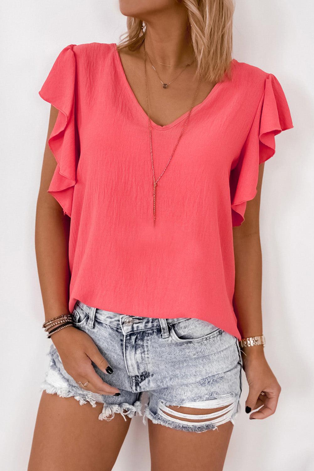 V Neck Ruffle Sleeve Loose Top - L & M Kee, LLC