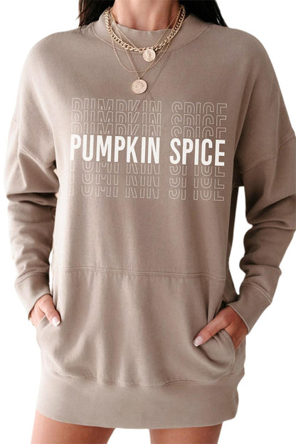 Khaki Pumpkin Spice Print Ribbed Trim Sweatshirt Dress - L & M Kee, LLC