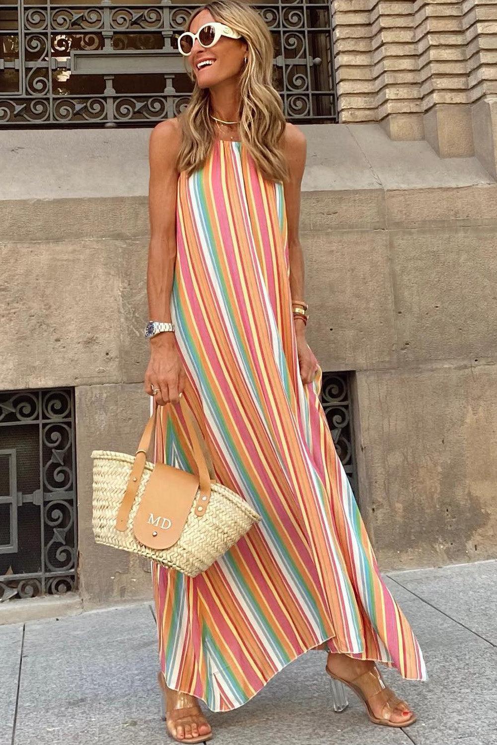 Bohemian Striped Print Sleeveless Holiday Maxi Dress - L & M Kee, LLC