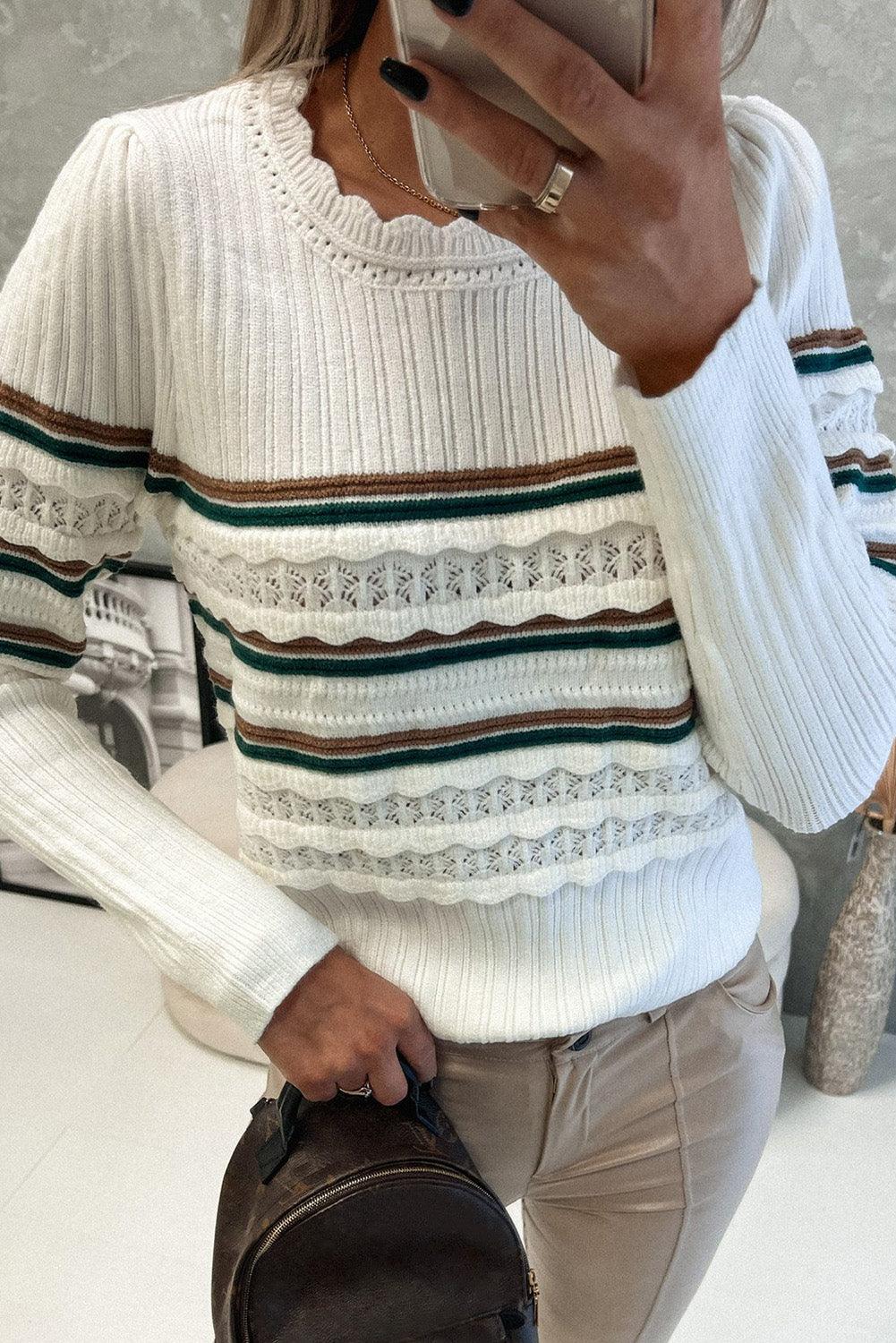 Striped Ribbed Scalloped Detail Knit Sweater - L & M Kee, LLC