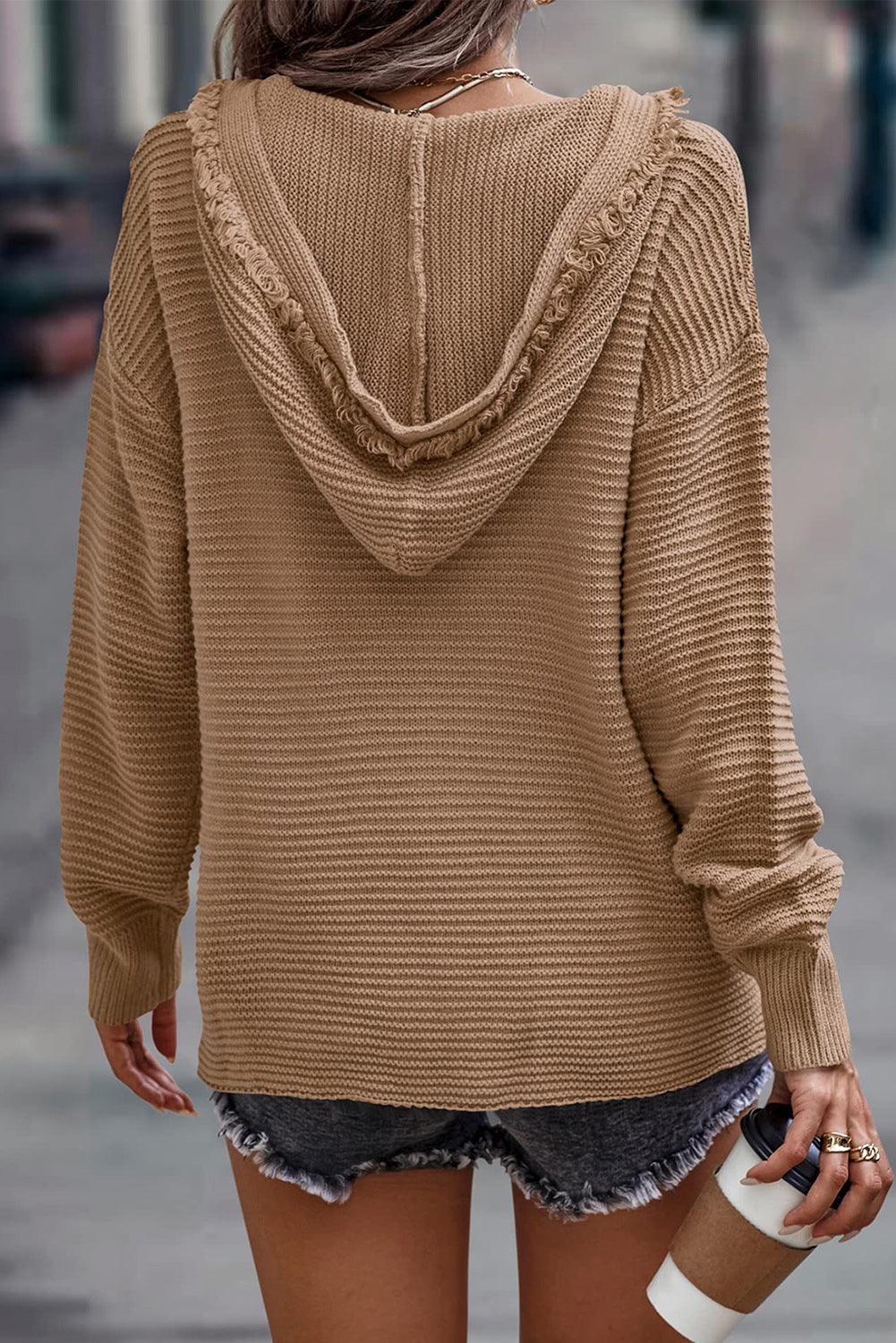 V Neck Ribbed Drop Shoulder Hooded Sweater - L & M Kee, LLC