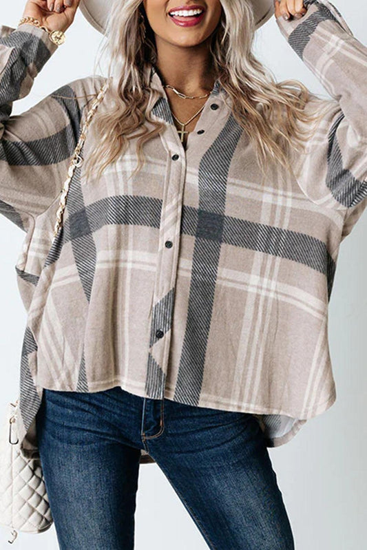 Khaki High Low Brushed Plaid Oversize Shacket - L & M Kee, LLC