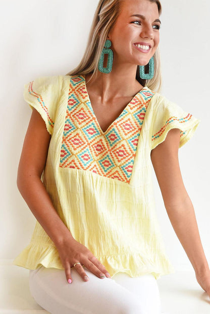 Geometric Embroidery Textured Top with Ruffles