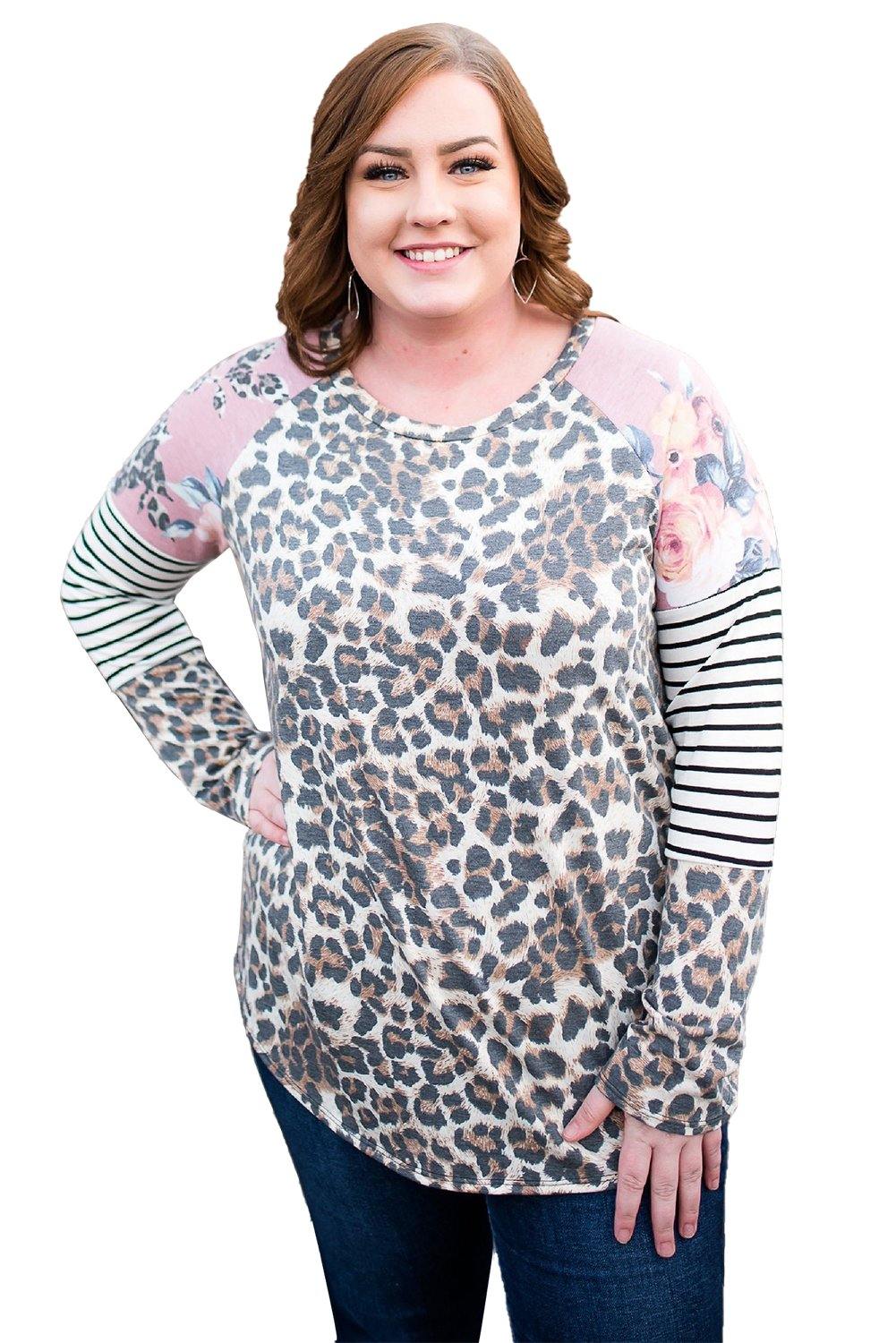 Plus Size Leopard Stripe Floral Patch Crew Neck Long Sleeve Top - L & M Kee, LLC