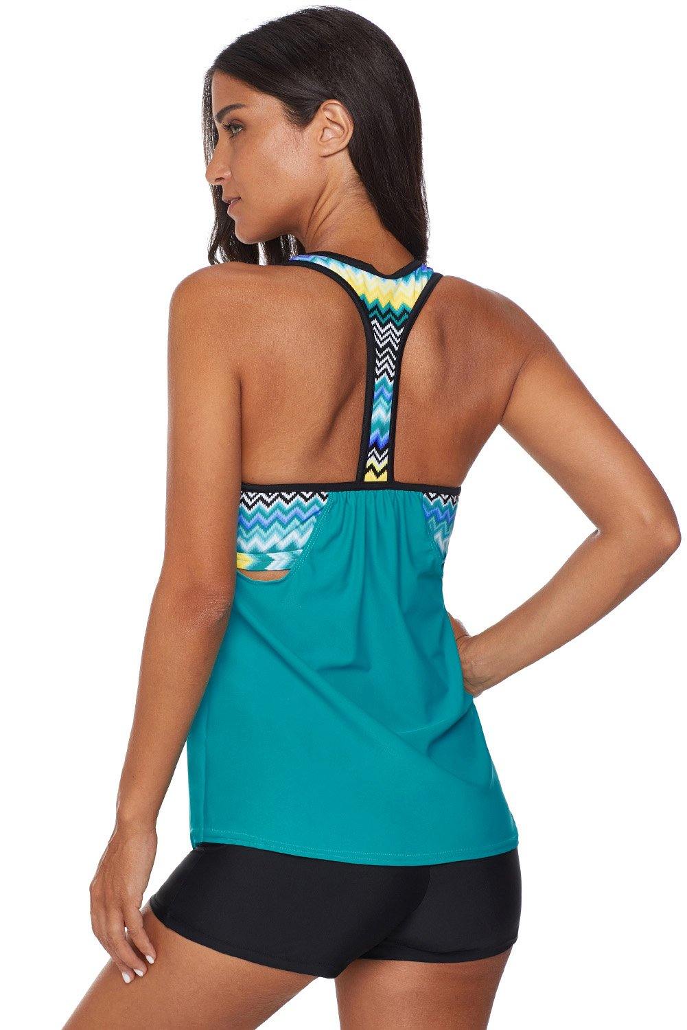 Blouson Striped Printed Strappy T-Back Push up Tankini Top - L & M Kee, LLC