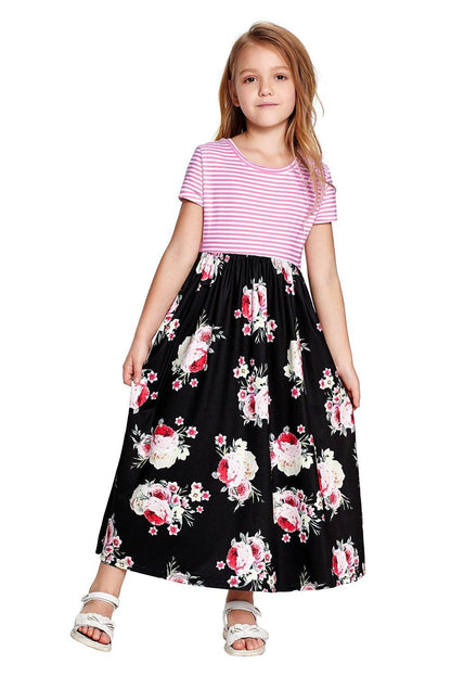 Striped Floral Print Little Girls Maxi Dress - L & M Kee, LLC