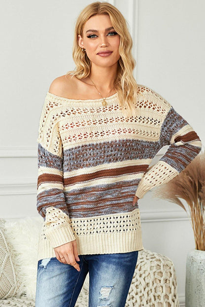 Loose Openwork Round Neck Sweater - L & M Kee, LLC