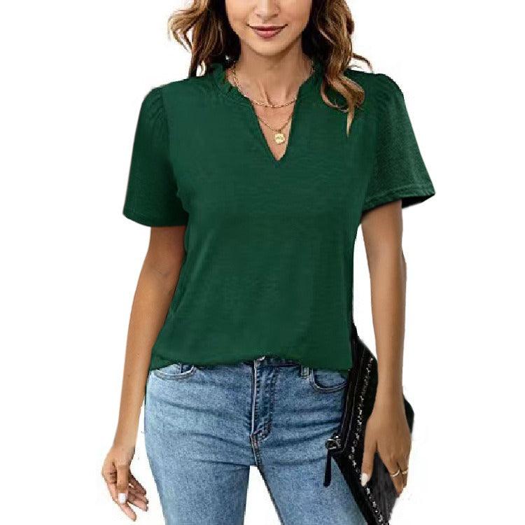 Popular Edge V-Neck Pleated Casual Short Sleeve Shirt - L & M Kee, LLC