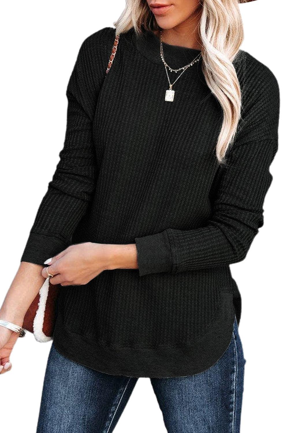 Crew Neck Ribbed Trim Waffle Knit Top - L & M Kee, LLC