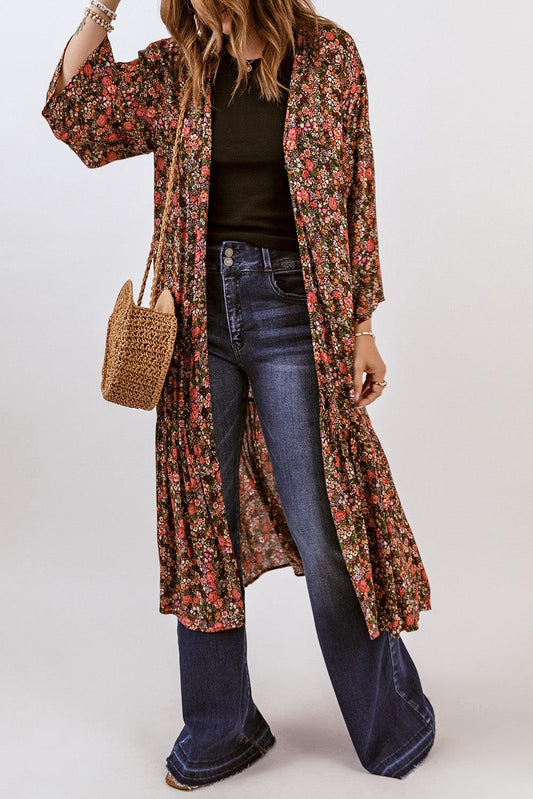 Multicolor Open Front Boho Floral Print Kimono - L & M Kee, LLC