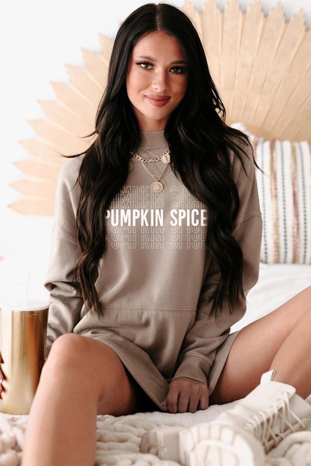 Khaki Pumpkin Spice Print Ribbed Trim Sweatshirt Dress - L & M Kee, LLC