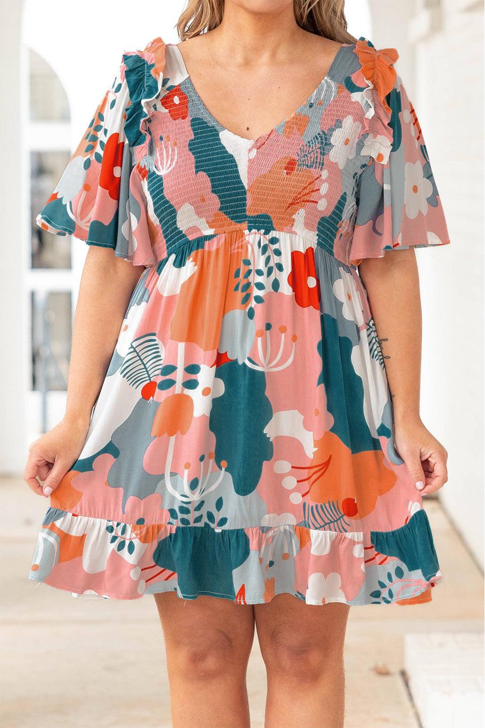 Multicolor Plus Size Shirred Mixed Print Ruffle Dress - L & M Kee, LLC