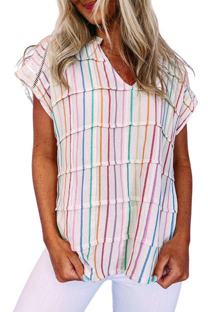 Multicolor Striped Pintuck Tiered Cap Sleeve Blouse - L & M Kee, LLC