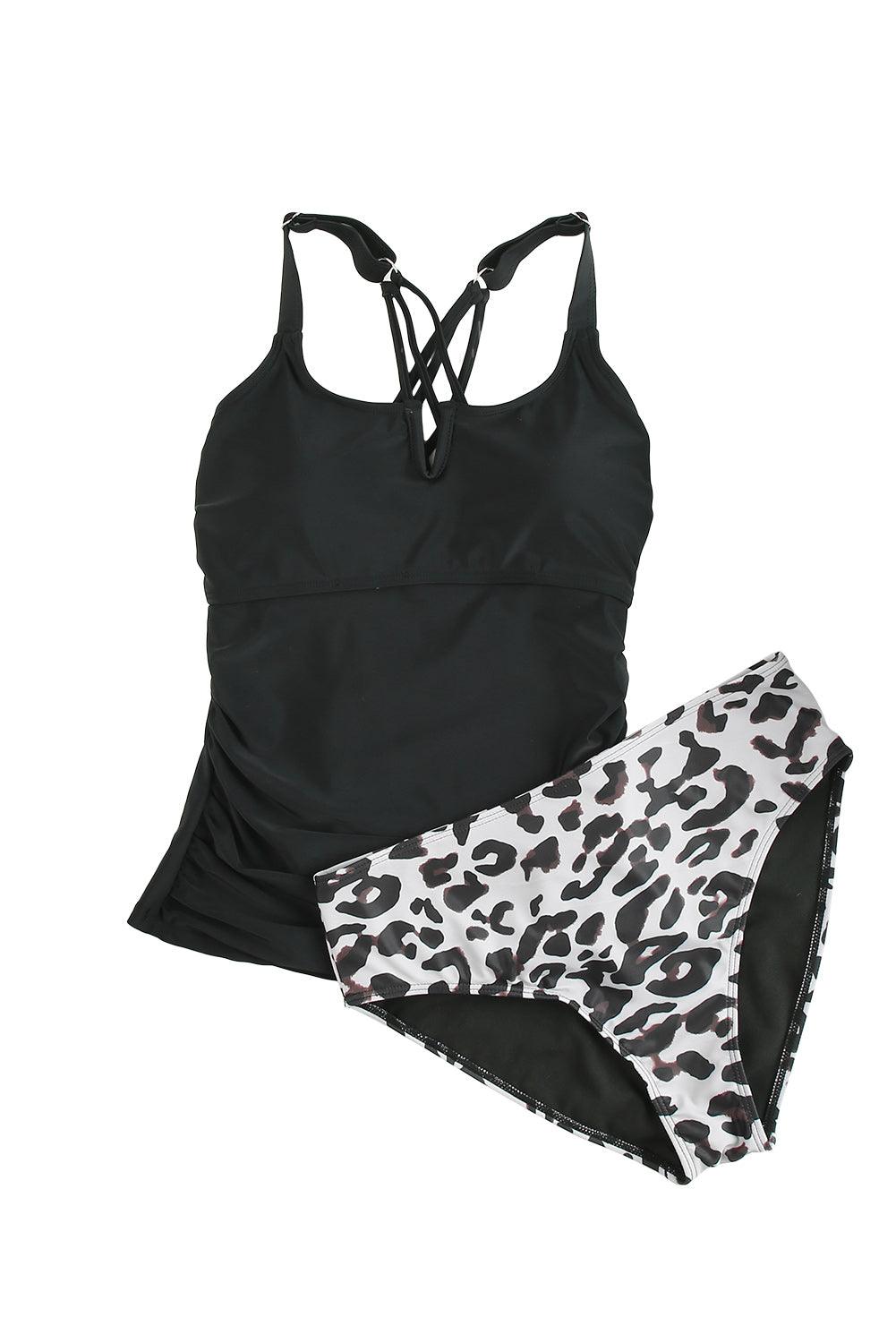Leopard Notched Neck Strappy Back Tankini Swimsuit