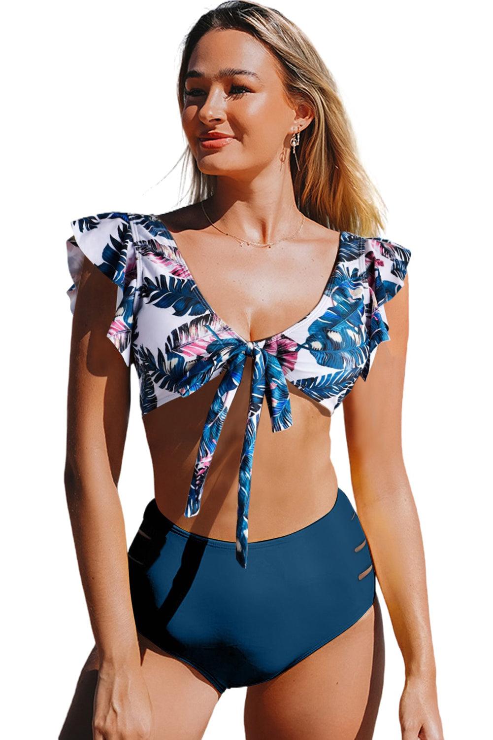 Palm Leaf Print Front Tie High Waist Bikini Swimsuit with Ruffles - L & M Kee, LLC