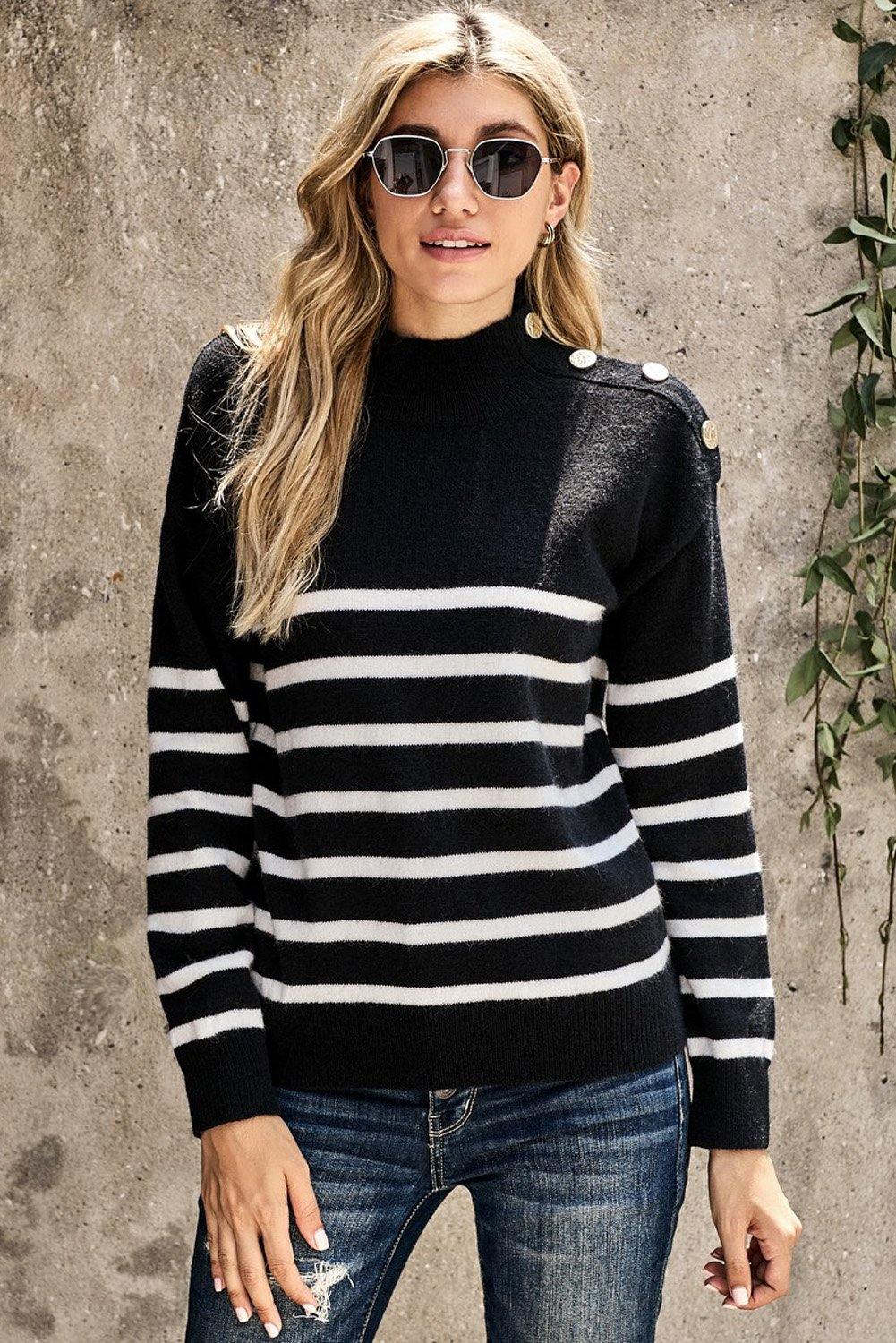 Striped Turtleneck Sweater with Buttons - L & M Kee, LLC