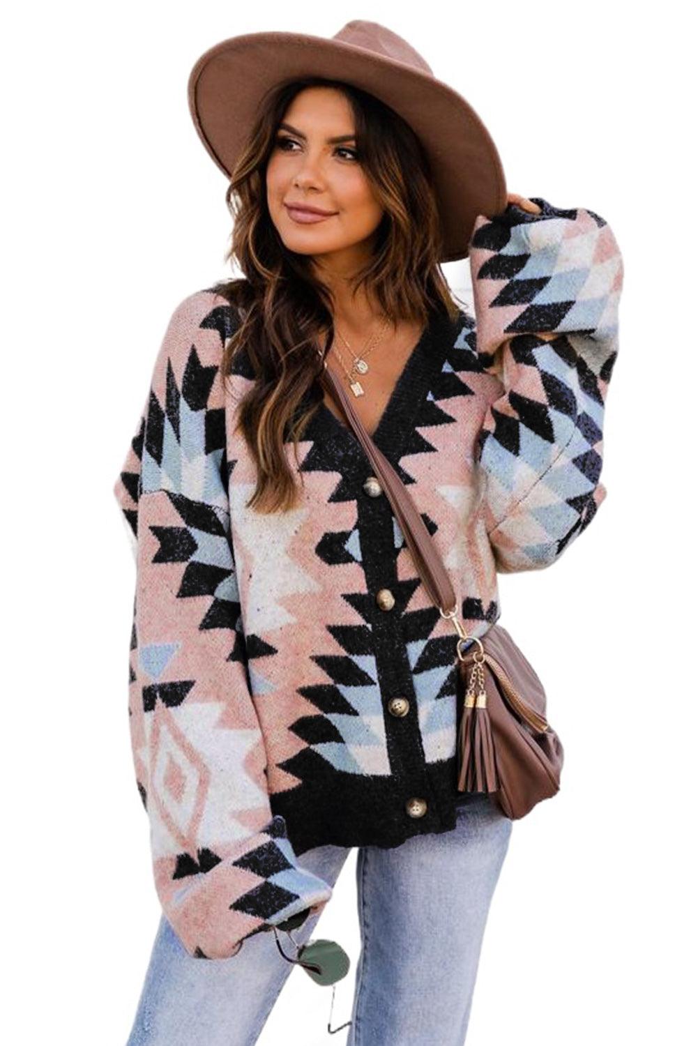 Oversized Aztec Buttons Front Cardigan - L & M Kee, LLC