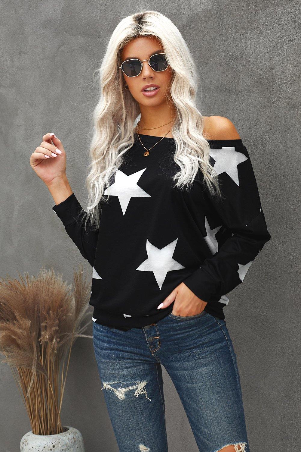 Fashion Five-pointed Star Print Round Neck Black Sweatshirt - L & M Kee, LLC