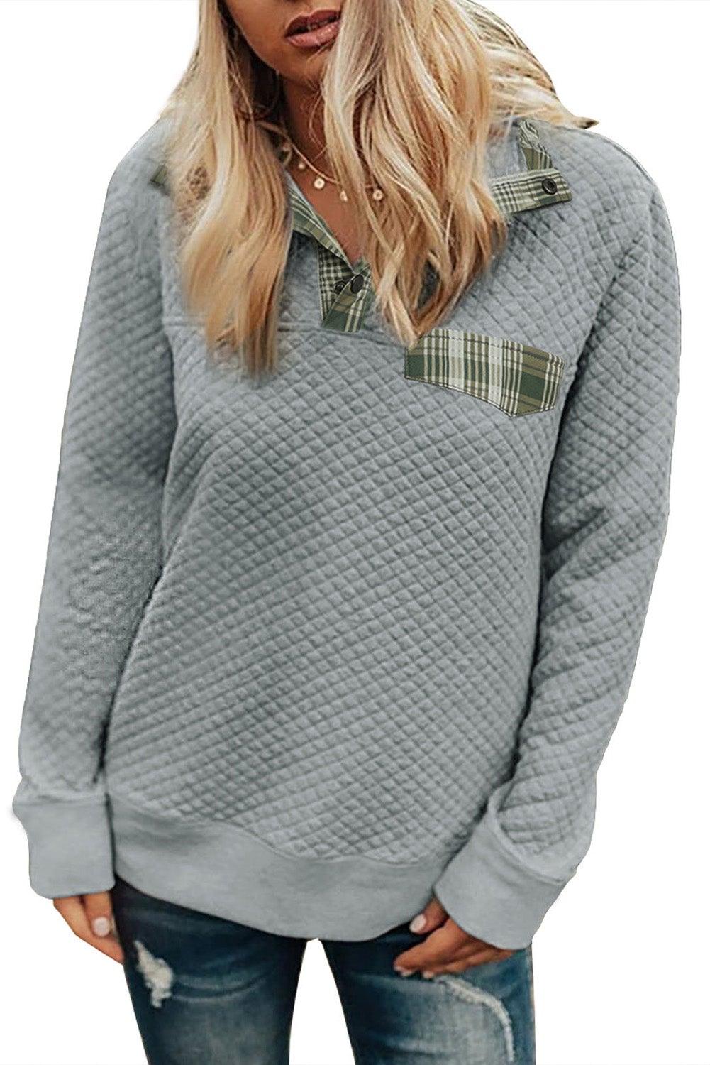 Plaid Splicing Elbow Patch Quilted Long Sleeve Sweatshirt - L & M Kee, LLC