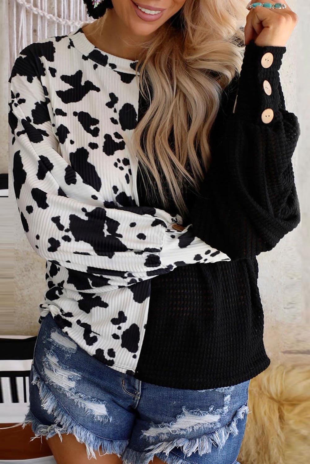 Cow Patchwork Waffle Knit Long Sleeve Top - L & M Kee, LLC