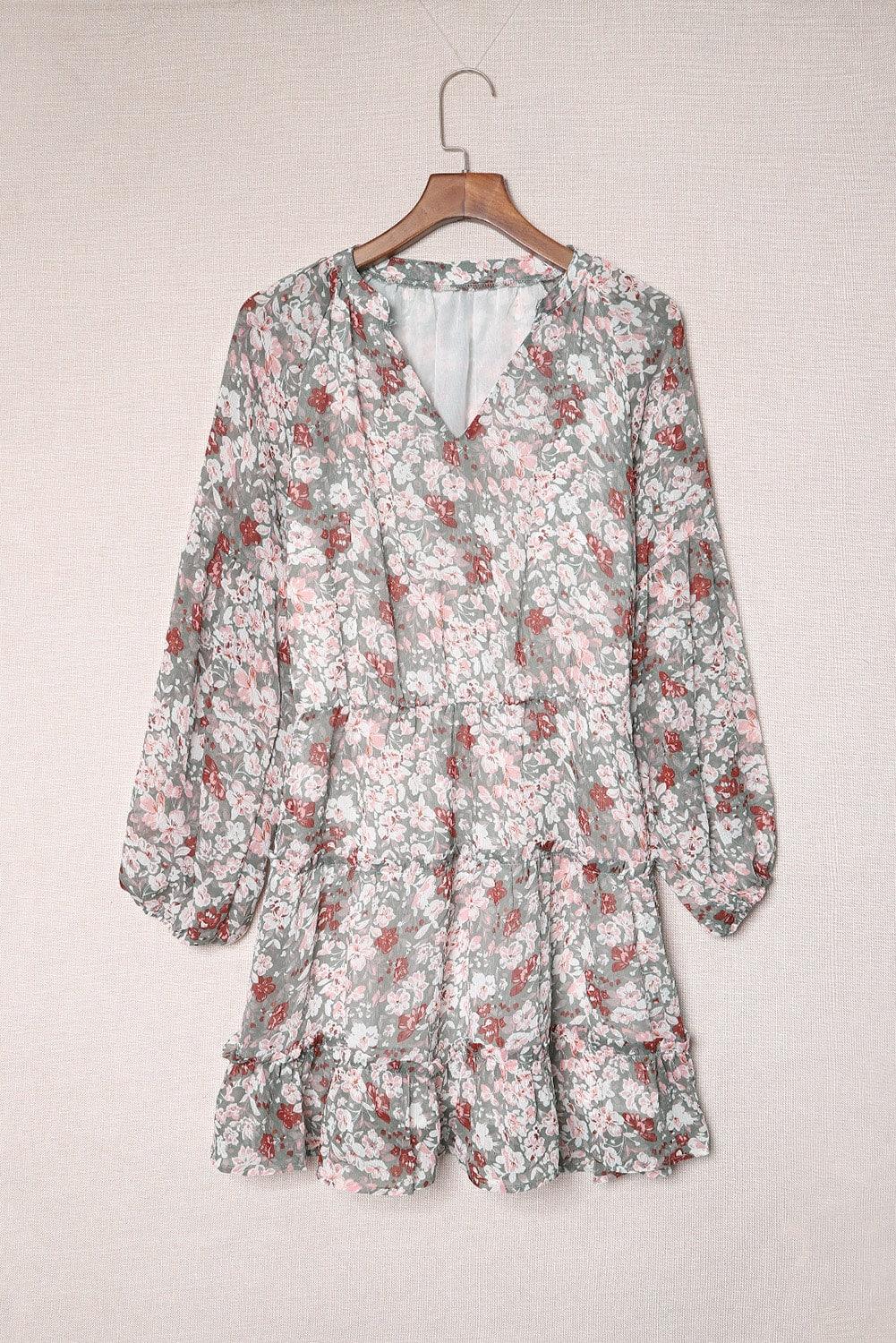 Multicolor V Neck Puff Sleeves Floral Tunic Dress - L & M Kee, LLC