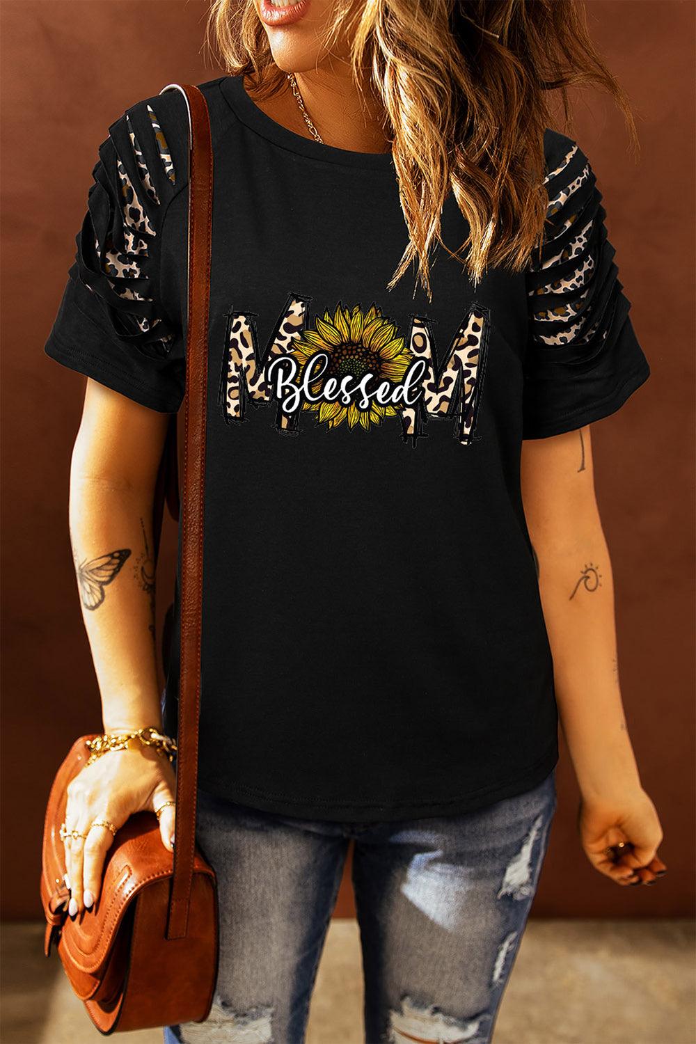 Leopard Sunflower Blessed Mom Graphic Ripped Sleeves T-shirt - L & M Kee, LLC