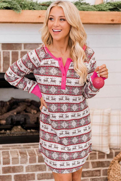 Christmas Pattern Henley Pajama Dress - L & M Kee, LLC