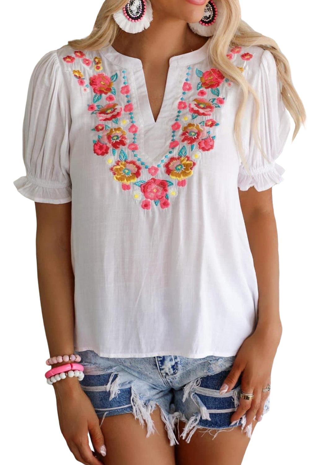 Floral Embroidered Ruffled Puff Sleeve Blouse - L & M Kee, LLC