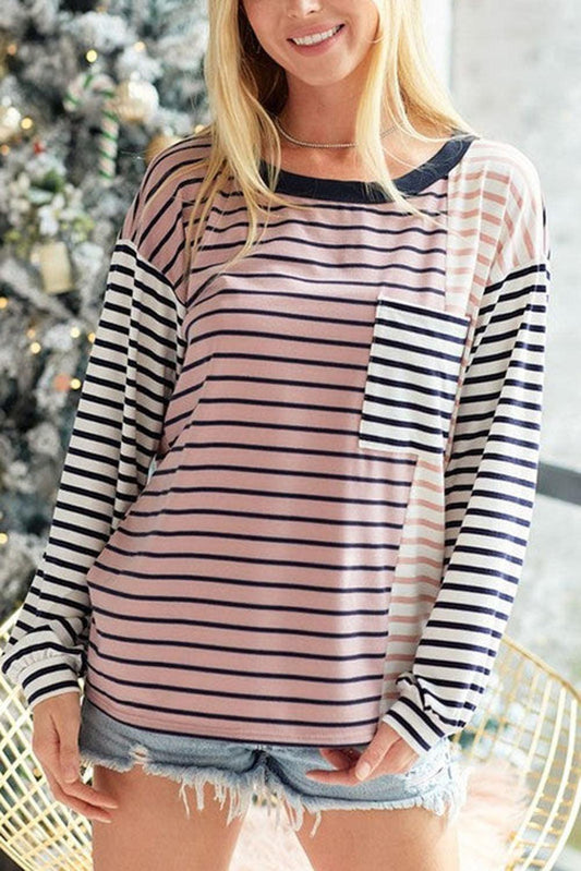 Striped Patchwork Pocketed Long Sleeve Top - L & M Kee, LLC