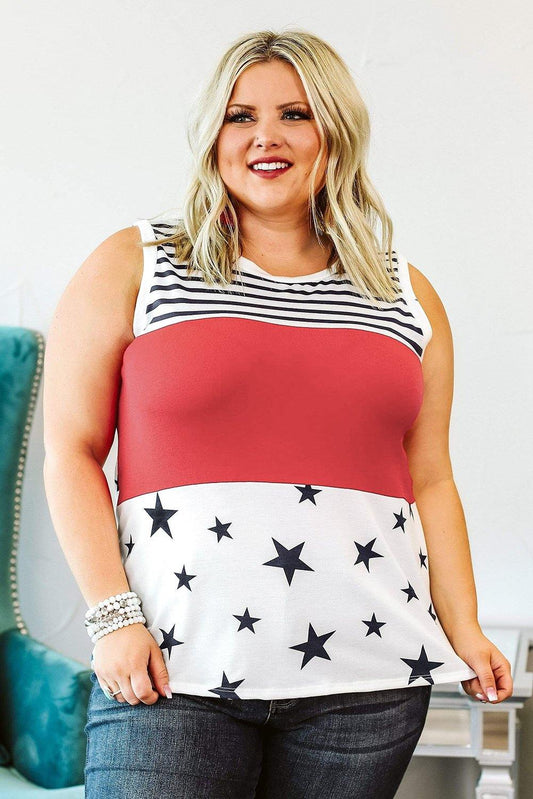 Patriotic Stripes Stars Print Sleeveless Plus Size Top - L & M Kee, LLC