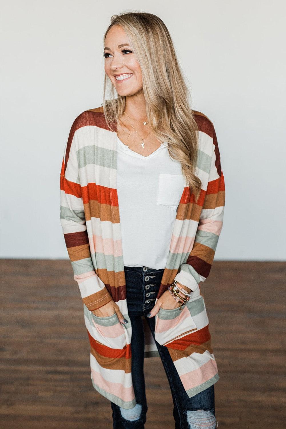 Multicolor Striped Print Pockets Open Front Cardigan - L & M Kee, LLC