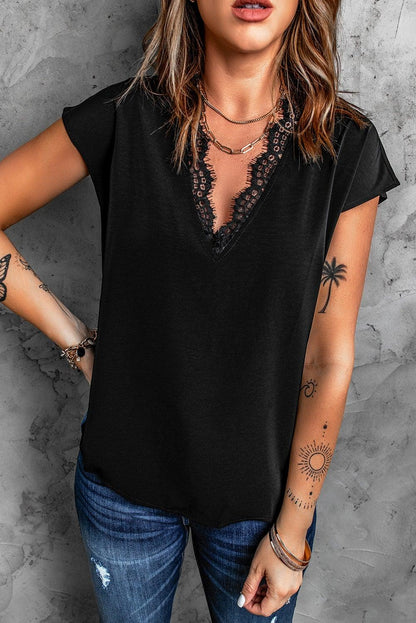 V Neck Lace Trim T-shirt - L & M Kee, LLC