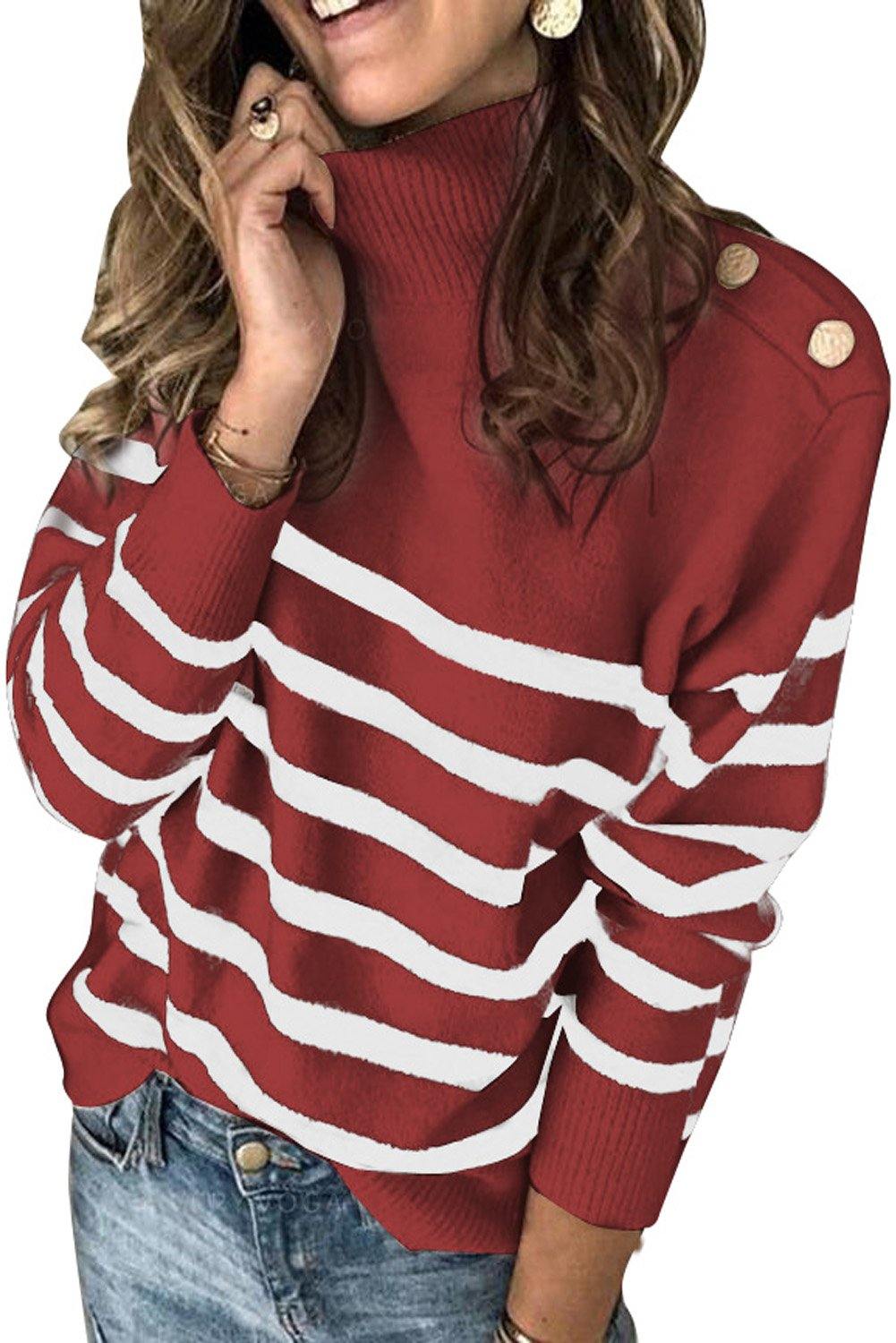 Striped Turtleneck Sweater with Buttons - L & M Kee, LLC