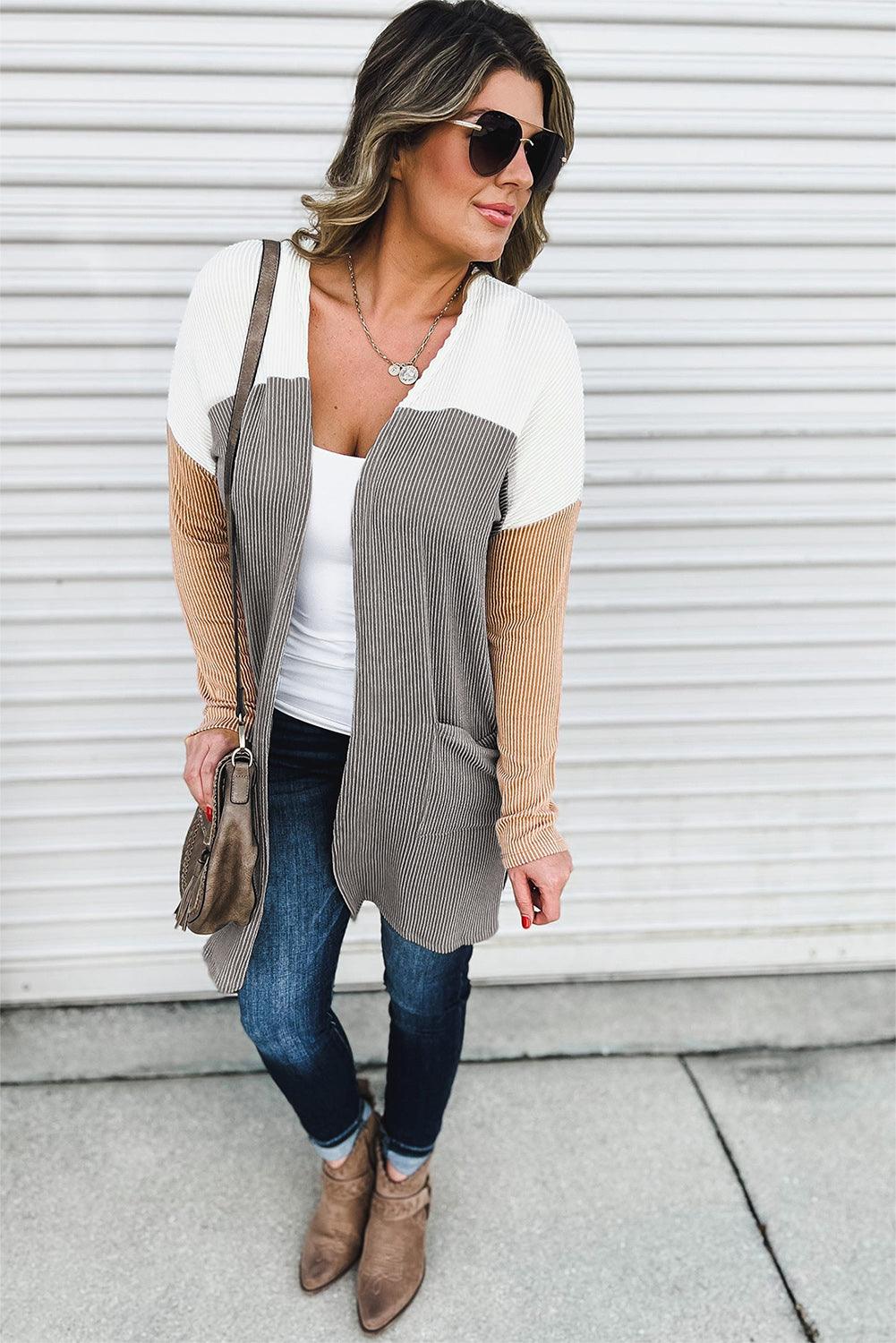 Corded Colorblock Open Front Cardigan - L & M Kee, LLC