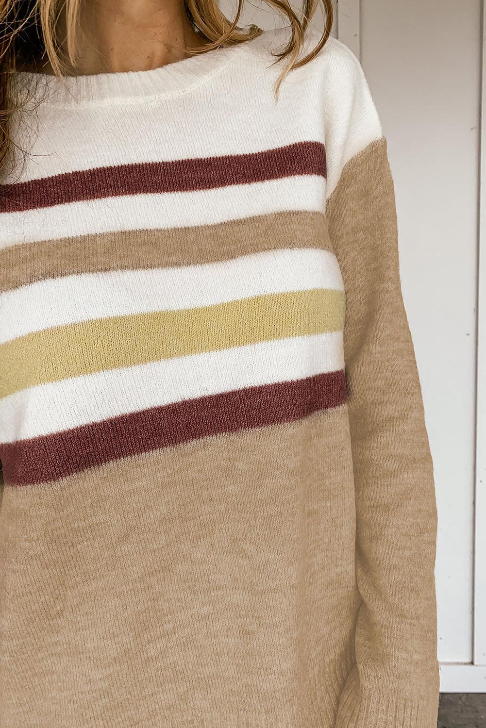 Khaki Crew Neck Striped Long Sleeve Sweater - L & M Kee, LLC