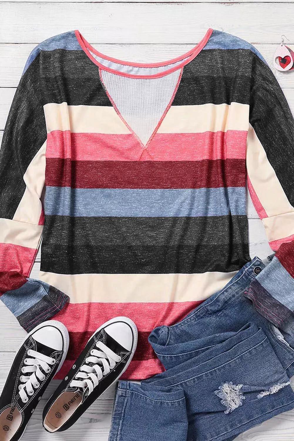 Multicolor Striped Mesh Splicing Round Neck Long Sleeve Top - L & M Kee, LLC