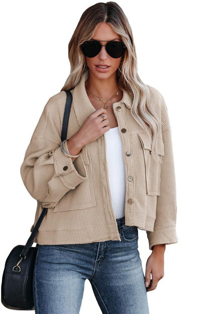 Waffle Knit Buttons Cropped Jacket with Pockets - L & M Kee, LLC