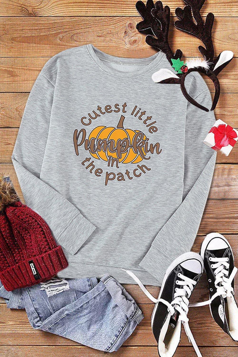 Letter Pumpkin Print Crew Neck Halloween Pullover Sweatshirt - L & M Kee, LLC