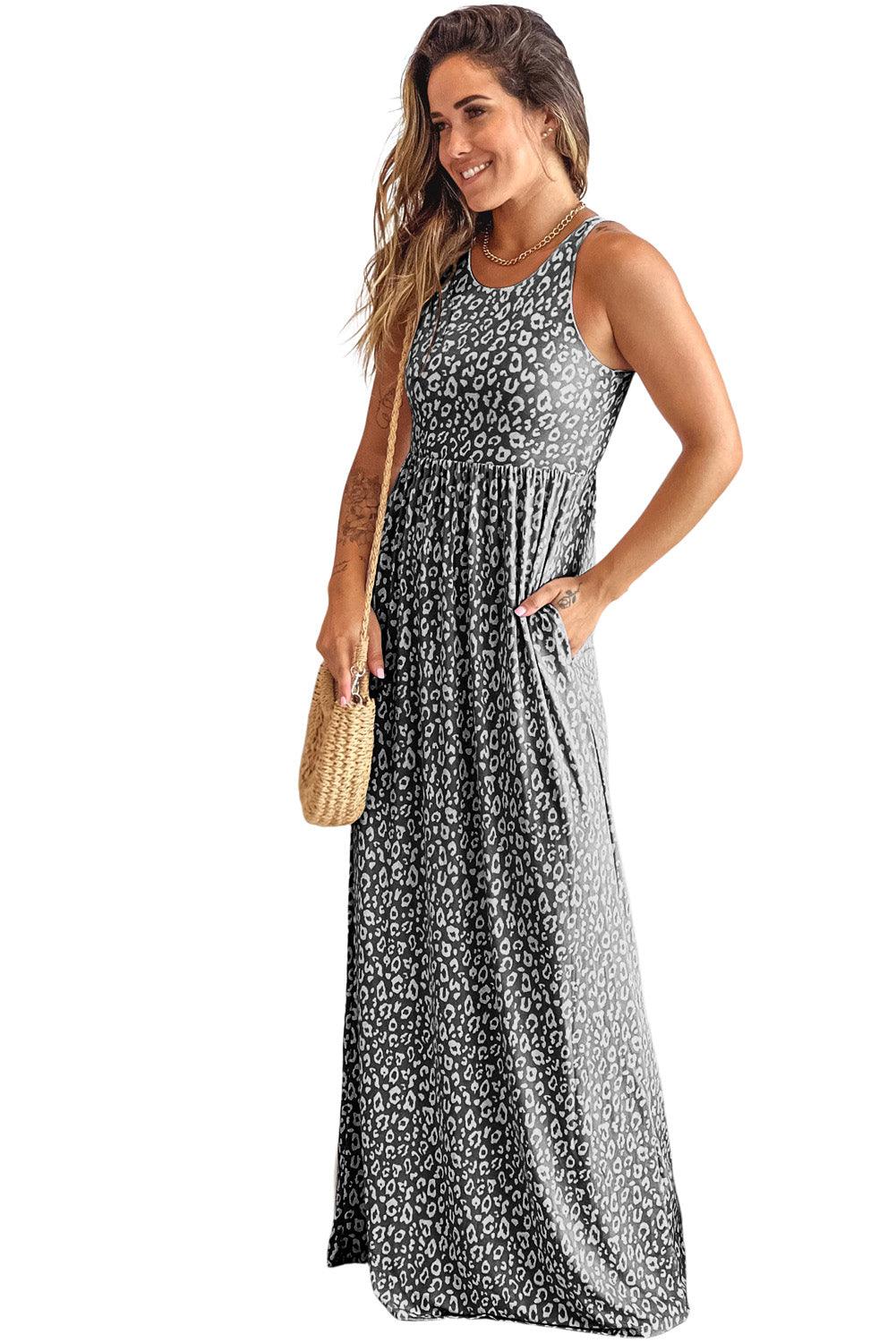 Leopard Print Pocketed Sleeveless Maxi Dress - L & M Kee, LLC