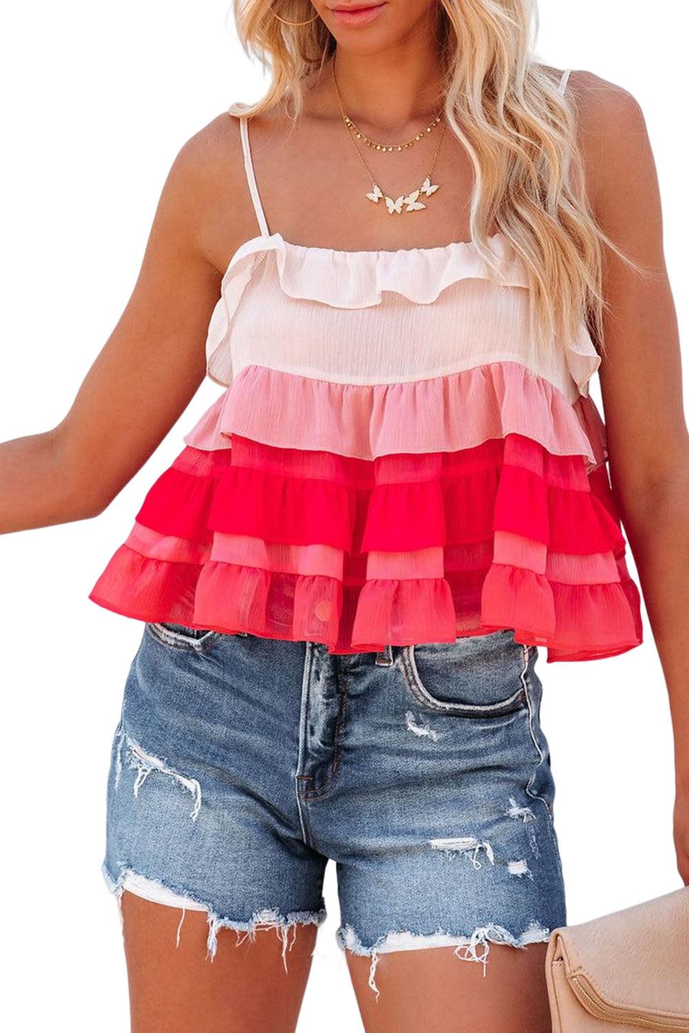 Gradient Ruffle Tiered Spaghetti Straps Tank Top - L & M Kee, LLC