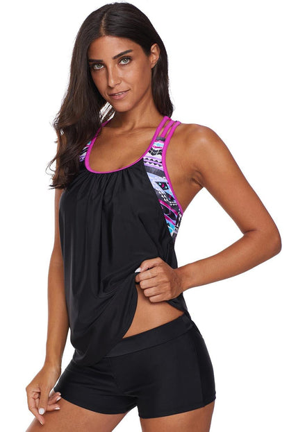 Blouson Striped Printed Strappy T-Back Push up Tankini Top - L & M Kee, LLC